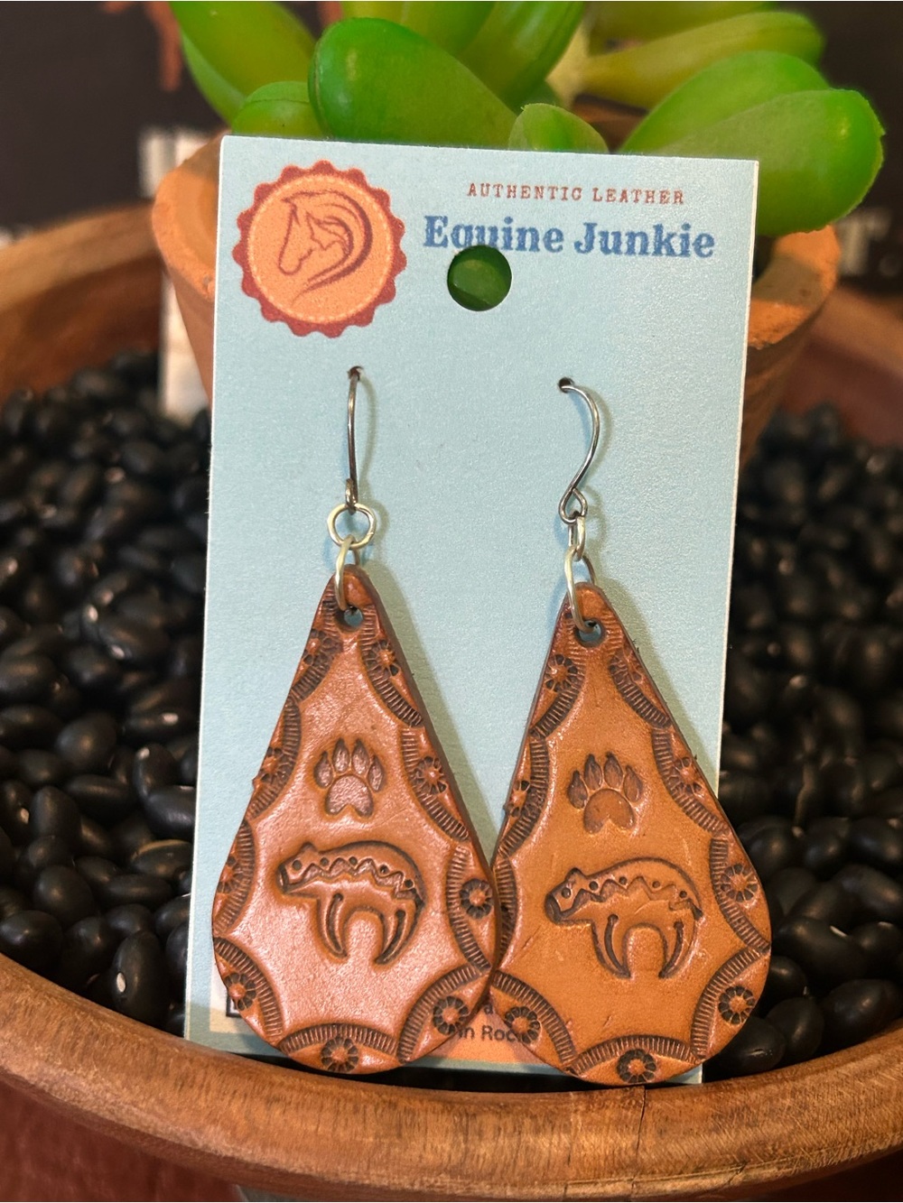 Equine Junkie Tooled Leather Bear Paw Teardrop Earrings - Handmade